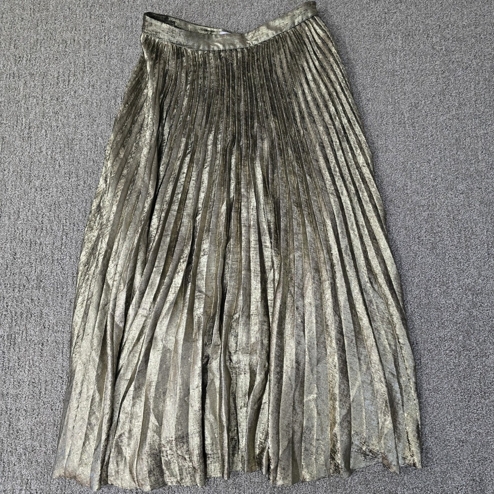 Reiss Gemma Gold Metallic Pleated Midi Skirt Shimmer Party USA 6